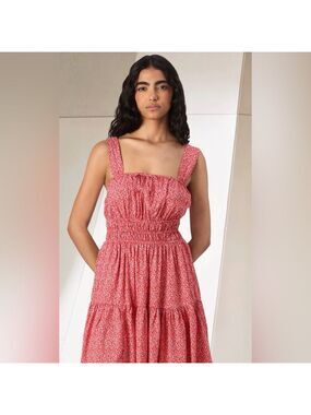Gap Ditsy Floral Print Tie Front Smocked Mini Dress Milkmaid Y2K Red Feminine
